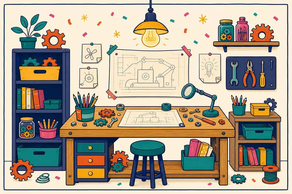 Illustratie van een vrolijk uitvinderslab vol gereedschap