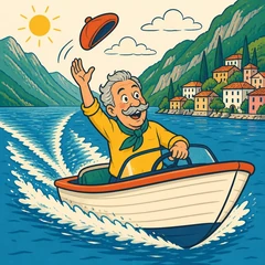 Opa in een bootje terwijl zijn pet wegwaait